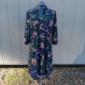 Ann Taylor Factory Floral Midi Dress With Ruffle Neckline 12